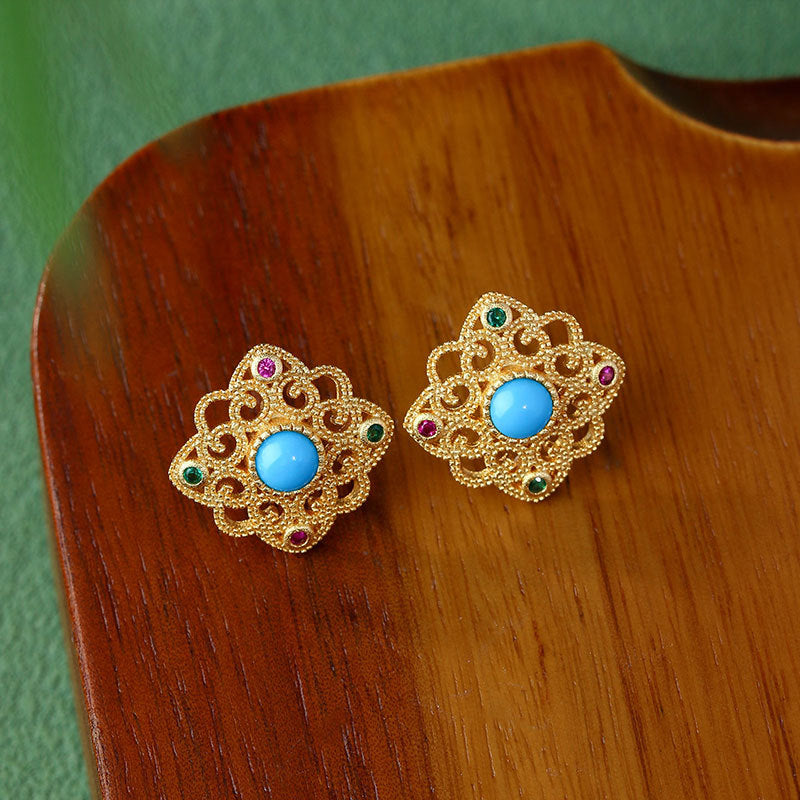 Gold Plated Hollow Filament Inlay Turquoise Earrings