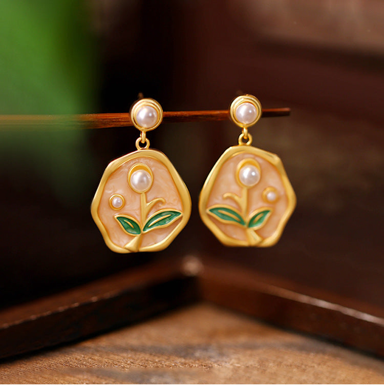 Fresh and Sweet Enamel Oil Painting Tulip Pearl Earrings