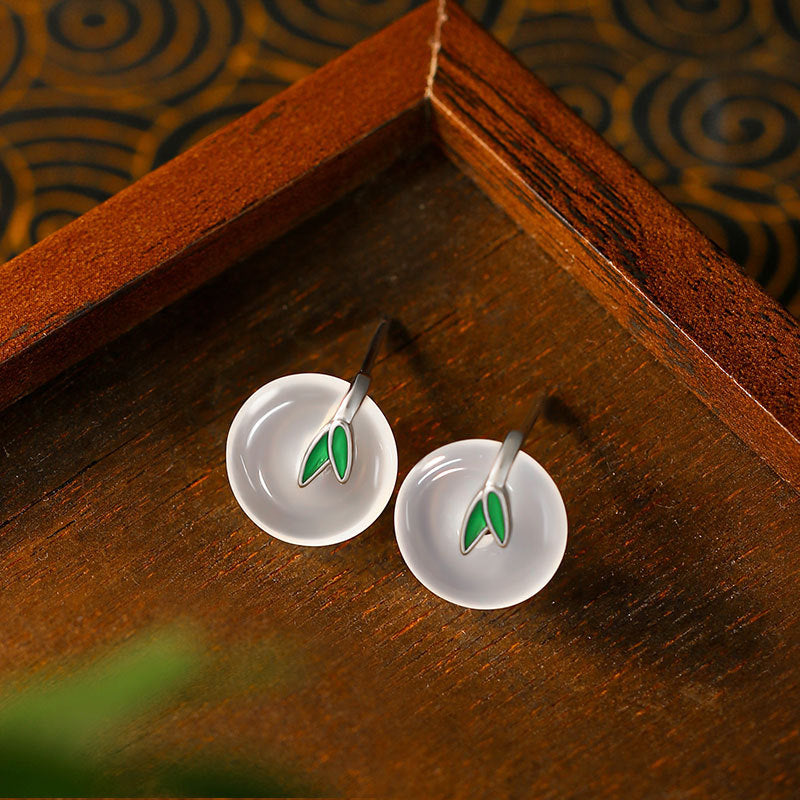 925 Silver Needle Bamboo Leaf Earrings with Natural Green Chalcedony, Safe Buckle, Women's Jewelry