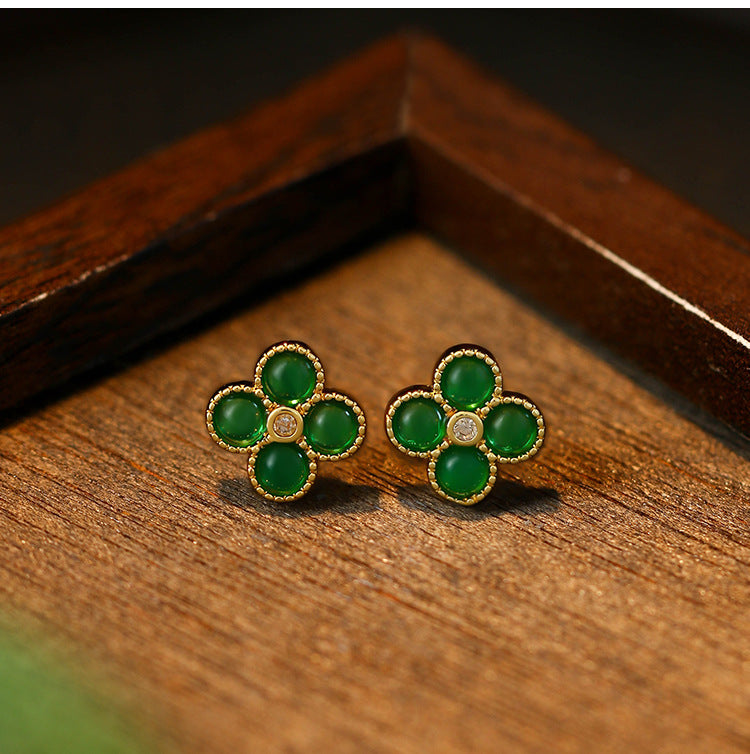 925 Silver Needle Plated Imitation Gold Emerald Four-leaf Clover Round Bead Earrings for Women