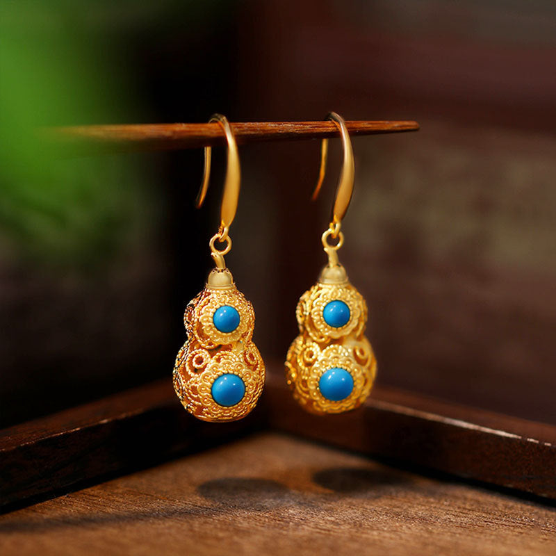 Gold Plated Gourd Fulu Imitation Pine Stone Vintage Earrings