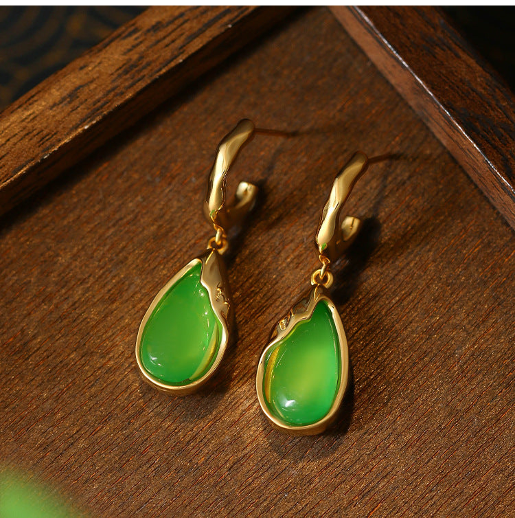 925 Silver Needle Earrings Inlaid with Imitation Jade, Simple Water Drop Design for Women