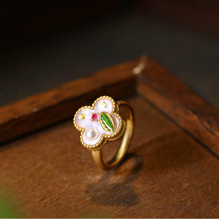 National Tide Enamel Four-leaf Clover Ring with Original Design