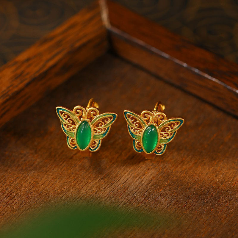 Ear Buckle Enamel Cloisonne Butterfly Earrings, Court Style Retro Ear Hook for Women