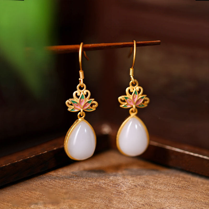 925 Silver Needle Lotus Earrings, Enamel Vintage Design for Women