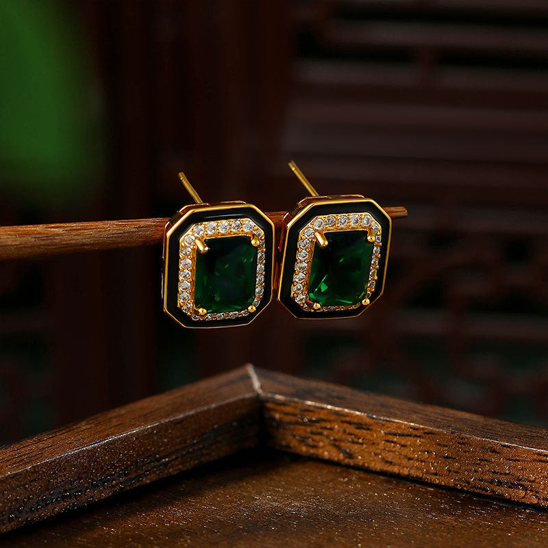 Paraiba Suit Simple Princess Square Green Diamond Light Luxury Black Enamel Earrings for Women
