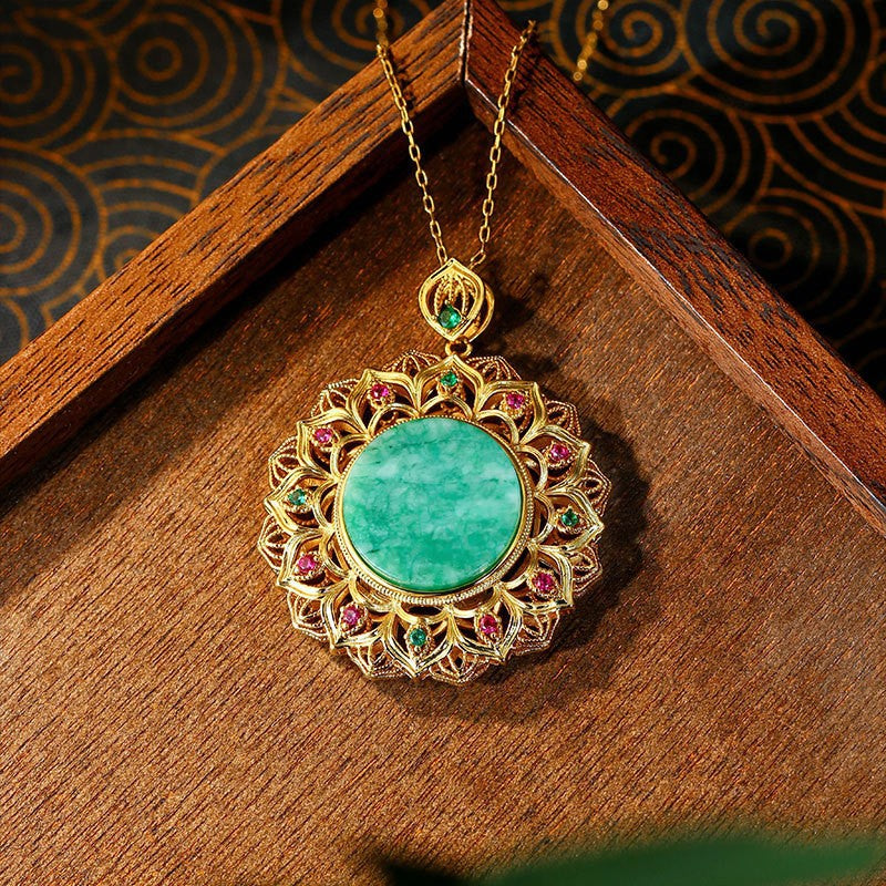 Gold Plated A Dry Green Imitation Jade Diamond Sunflower Round Brand Necklace