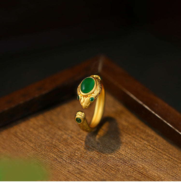 Gold-plated Snake Open Ring with Imitation Emerald for Women