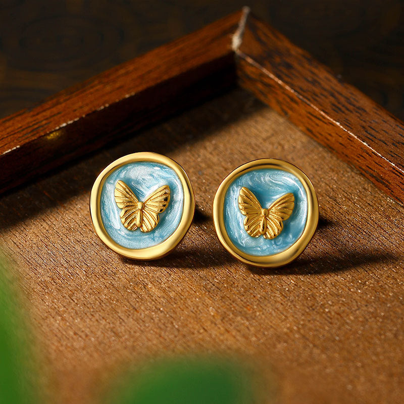 Middle Ancient Vintage Butterfly 925 Silver Needle Earrings