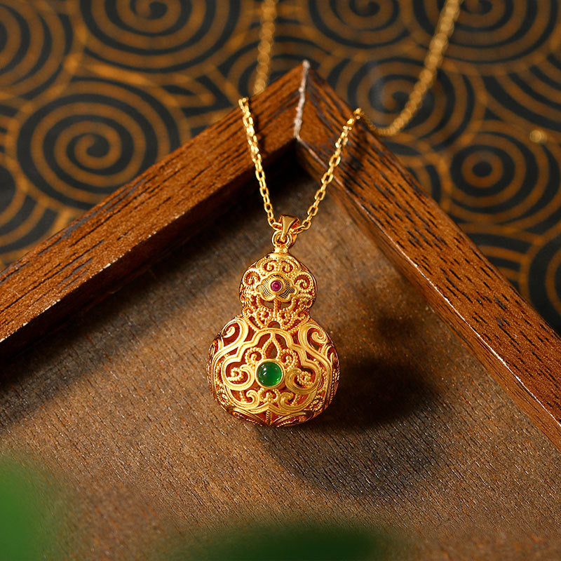 Gold Plated Jasper Hollow Gourd Fulu Sachet Necklace with Retro Xiangyun Ruyi Design
