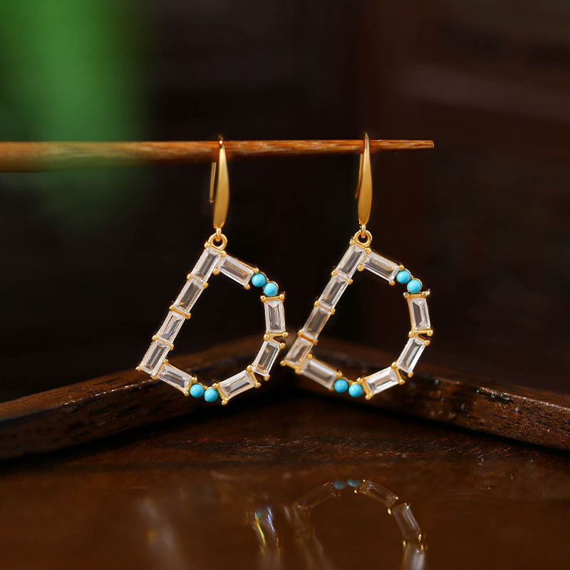 Copper Set Artificial Turquoise Zircon D English Letter Earrings T Square Women's Accessories