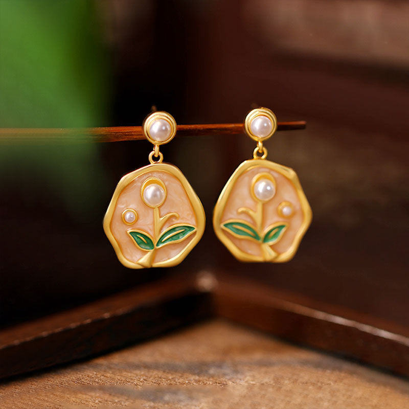 Fresh and Sweet Enamel Oil Painting Tulip Pearl Earrings