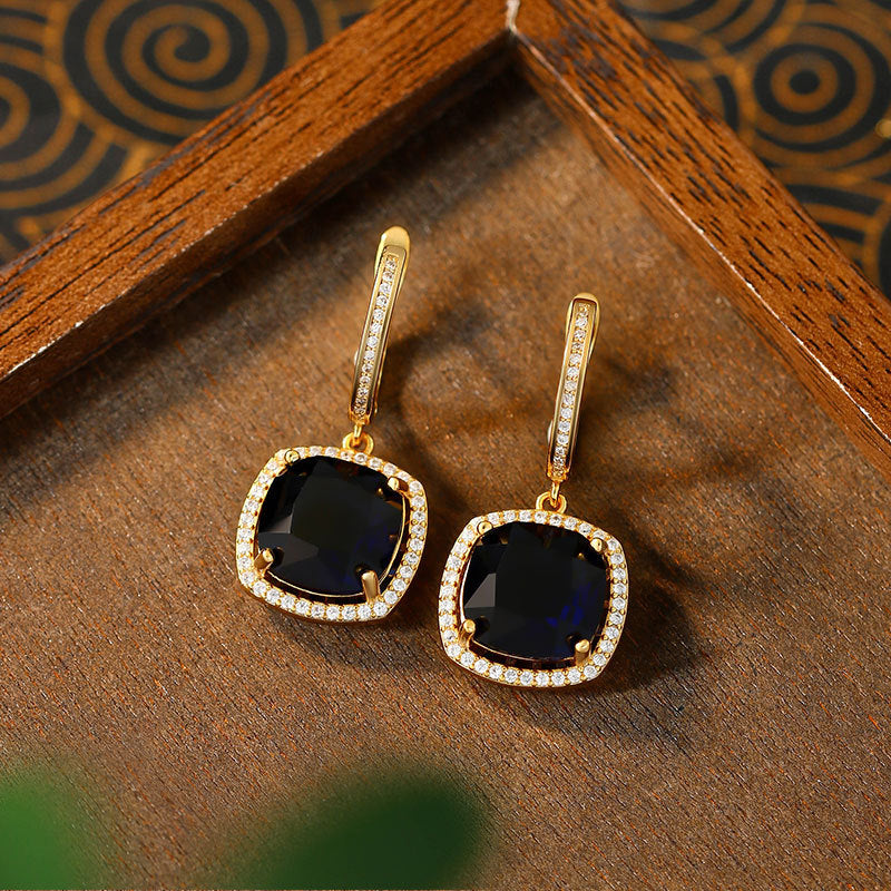 Fashion Bright Square Diamond Zircon Female Ear Hooks with Real Gold Plating