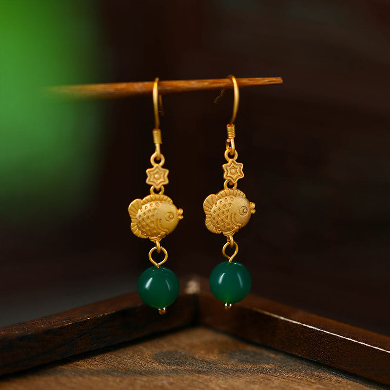 Retro Ethnic Style Fish Elegant Green Chalcedony Round Bead Jewelry Tassel Long Earrings