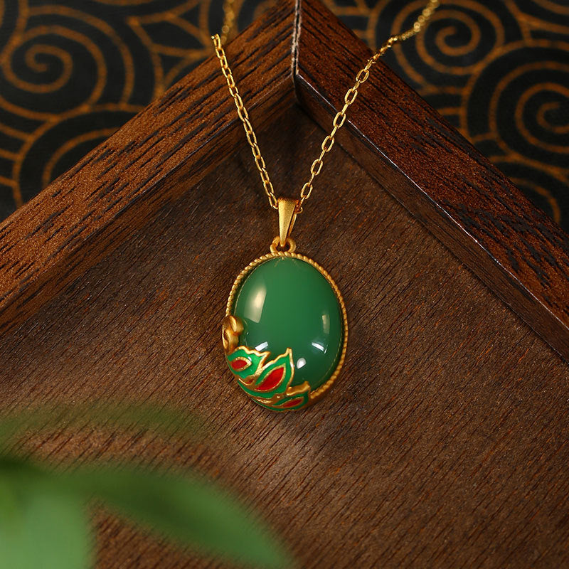 Red Riding Book Necklace with Real Gold Plating and Imitation Emerald, Women's Antique Jewelry