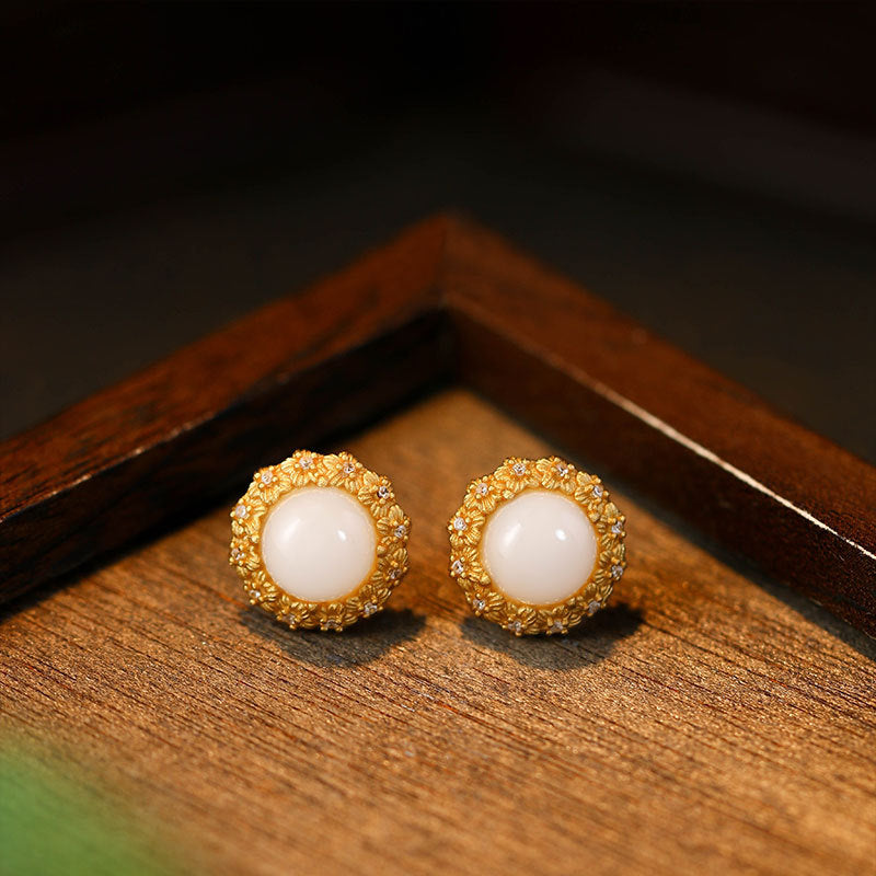 925 Silver Sweet Flower Imitation Jade Earrings