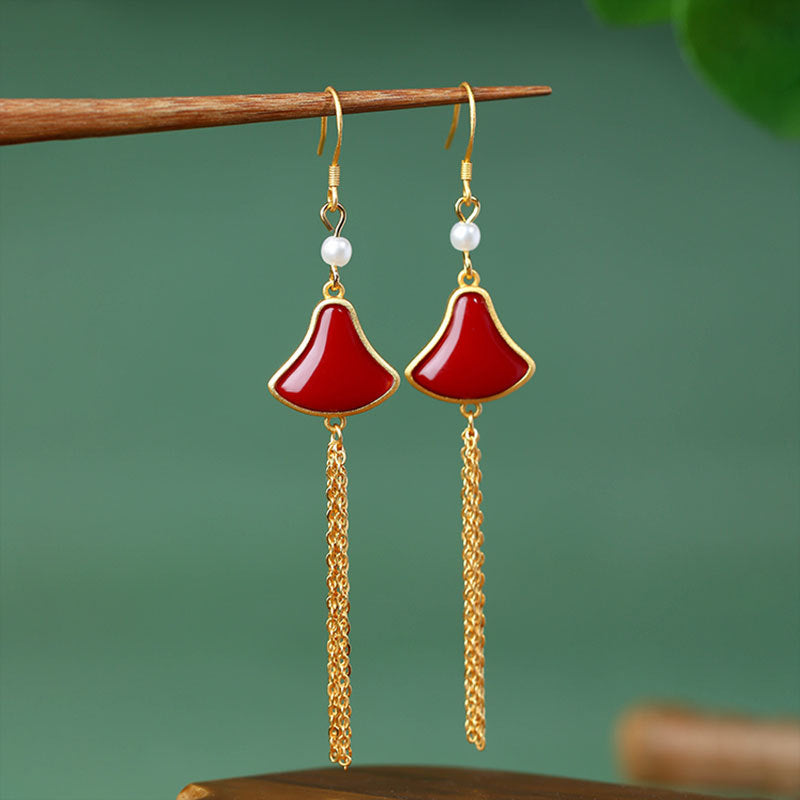 Elliary Niche Long Modified Face-shaped Fan-shaped Skirt Imitation South Ruby Tassel Earrings