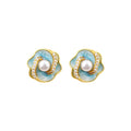 Small Sweet Potato Artificial Pearl Camellia Earrings, Real Gold Plating, French Vintage