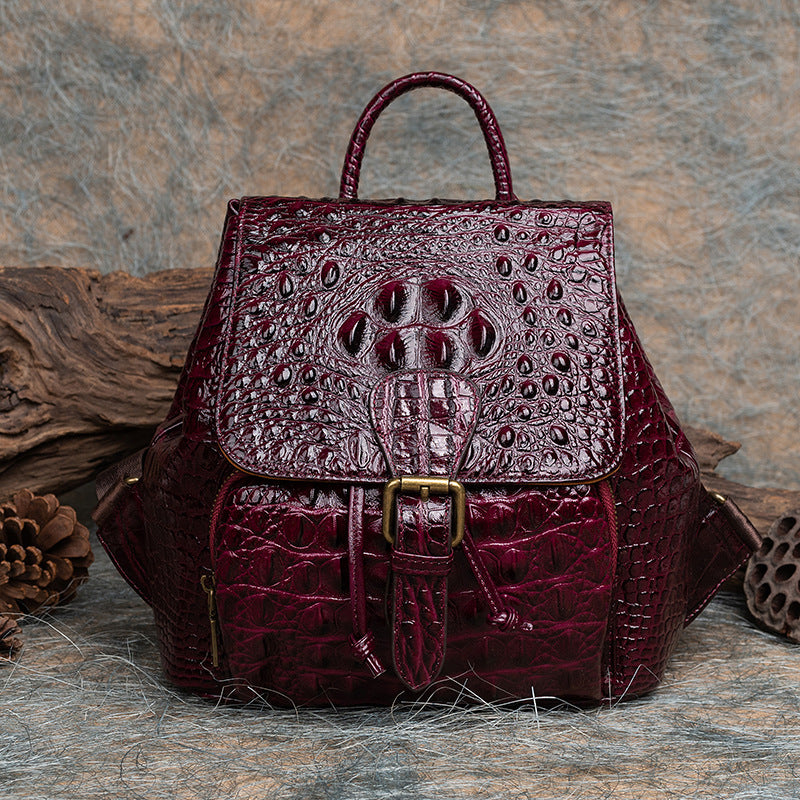 Top Layer Cowhide Crocodile Pattern Embossed Leather Backpack
