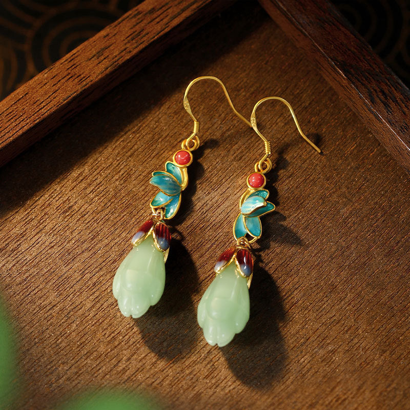 Enamel 925 Tremella Needle Magnolia Imitation Hetian Jade Earrings with Mirror Design