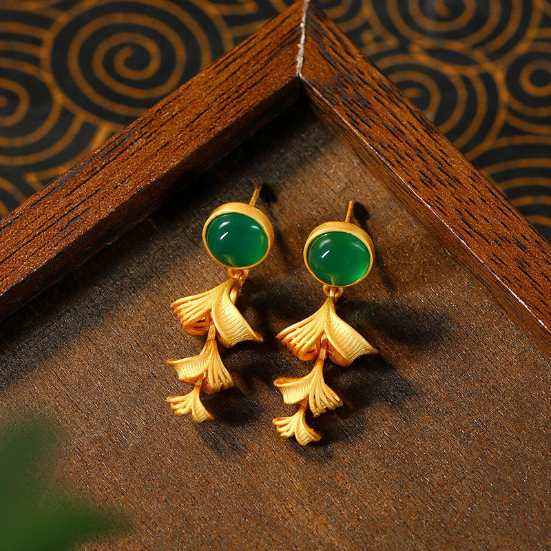 925 Gold Plated Hollow Ginkgo Leaf Round Imitation Jade Earrings