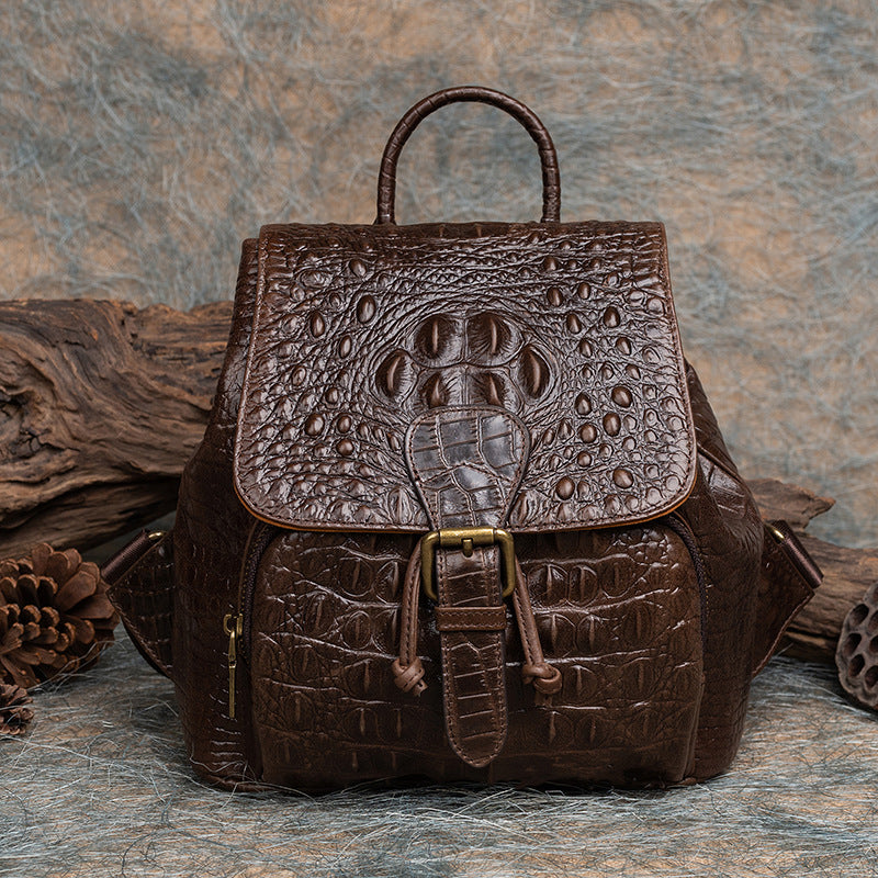 Top Layer Cowhide Crocodile Pattern Embossed Leather Backpack