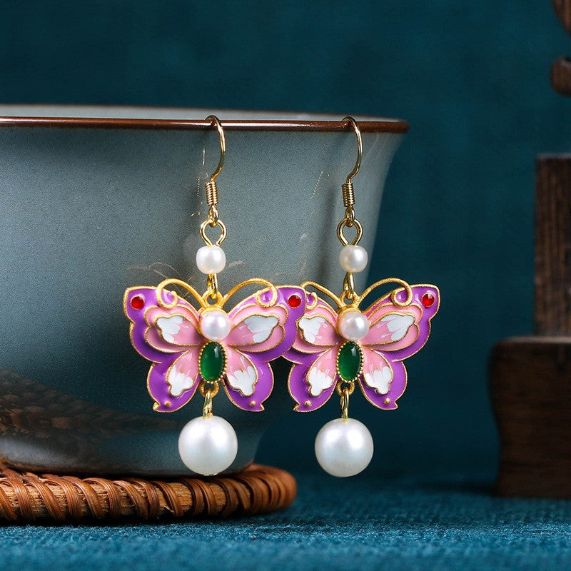 Enamel Gradient Butterfly 925 Silver Needle Pearl Earrings, Ancient Style Design
