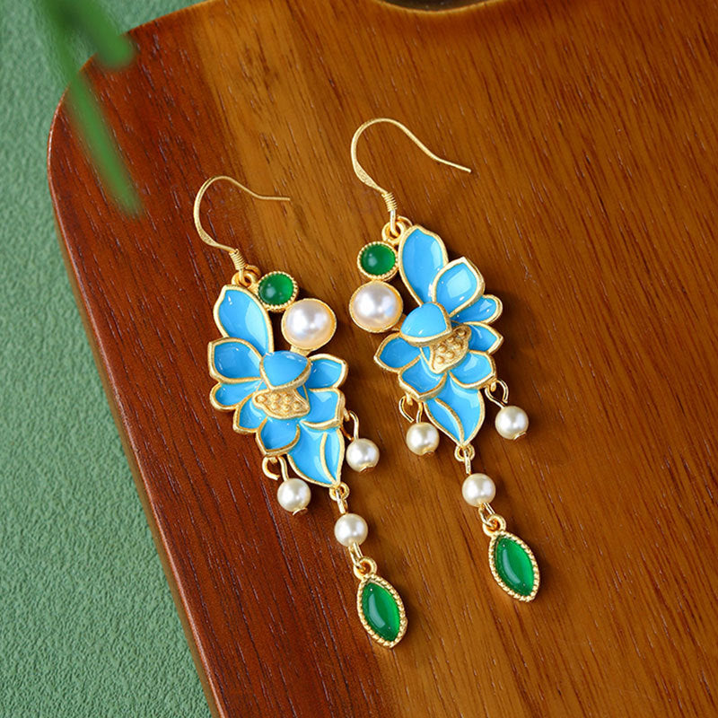 Eyre Edge Enamel Filiglar Dot Green Earrings with Imitation Pearl for Ancient Dress