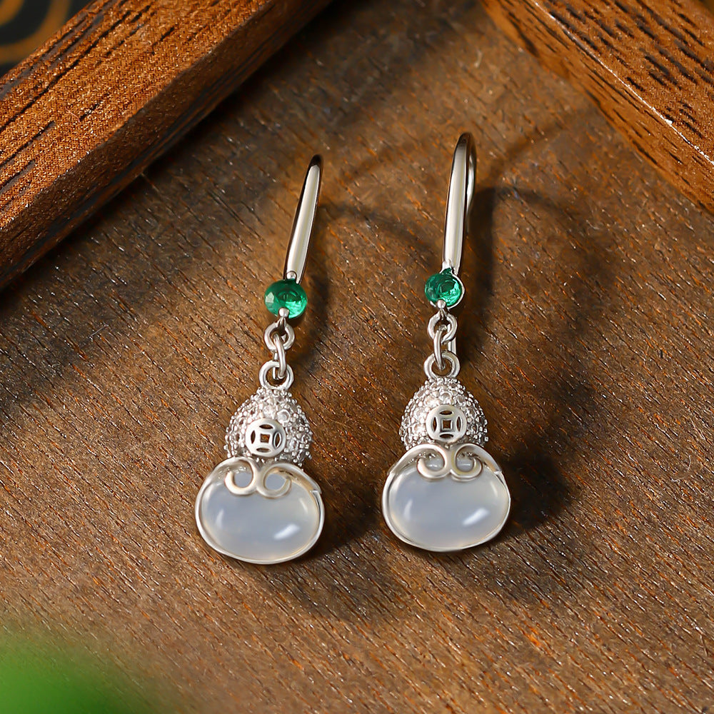 Natural Ice White Chalcedony Ear Hook Women's Earrings, Hollow Gourd Design
