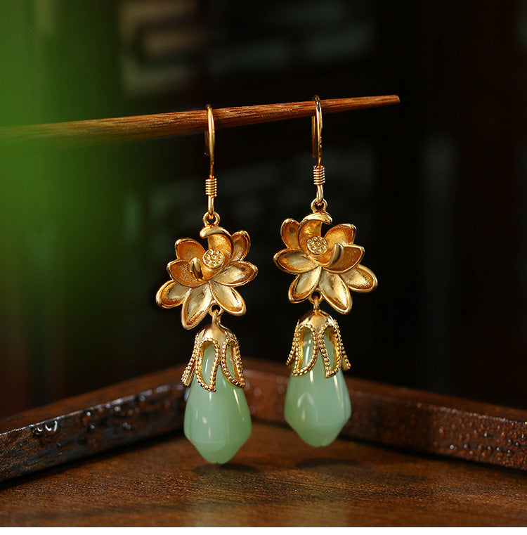 Gold-plated Imitation Hetian Jade Orchid Earrings for Cheongsam Hanfu
