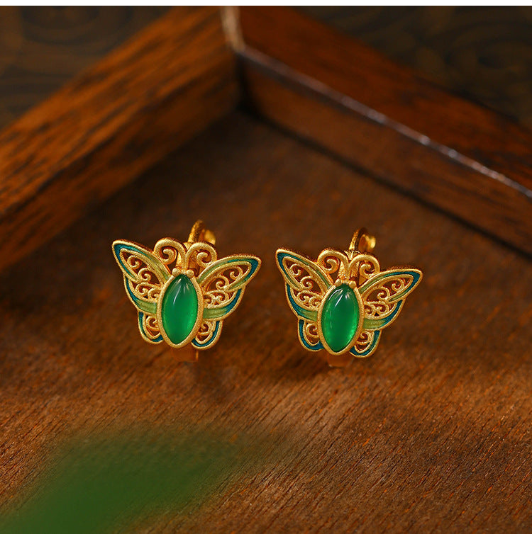 Ear Buckle Enamel Cloisonne Butterfly Earrings, Court Style Retro Ear Hook for Women