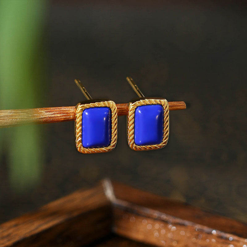 Ayeryuan S925 Silver Gold-plated Lapis Lazuli Square Niche Earrings