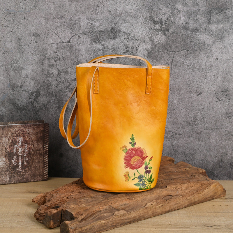 2025 Hand-Polished First Layer Cowhide Shoulder Bucket Bag, Lazy Literary Retro Print