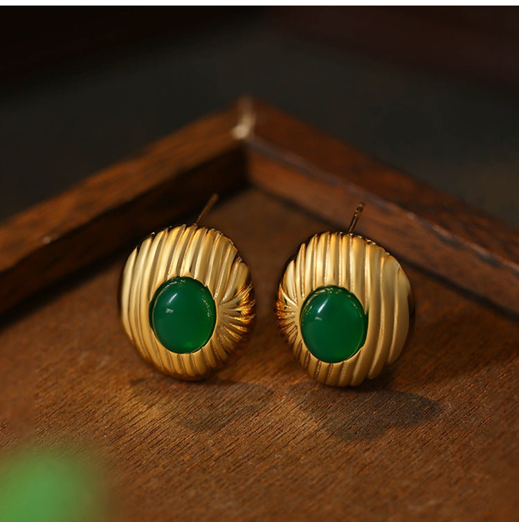 18k Gold Plated Silver Needle Round Imitation Green Agate Oval Pendant Earrings Studs, Original Design, High Sense
