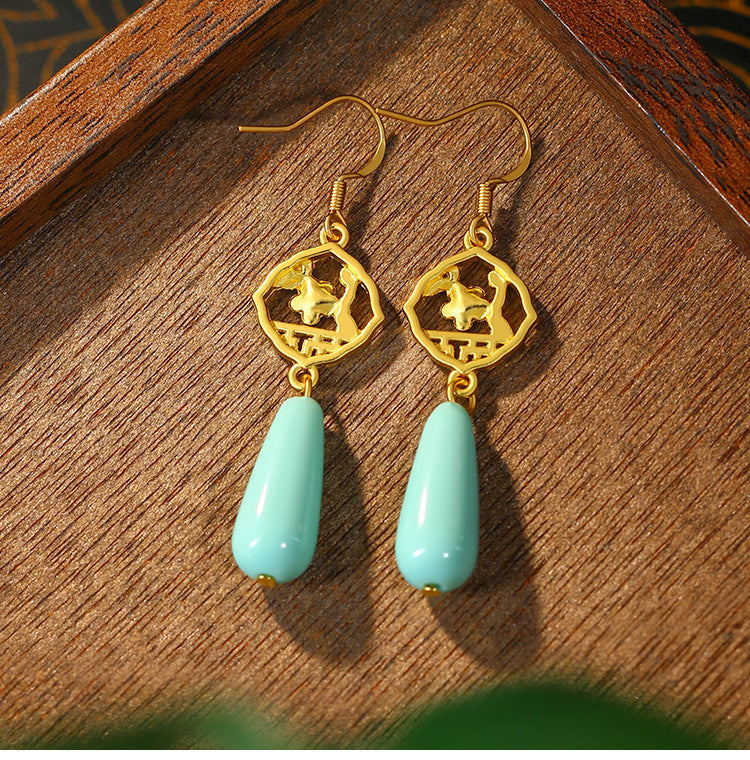 Women's Long Tassel Plum Blossom Imitation Blue Turquoise Earrings, All-Match