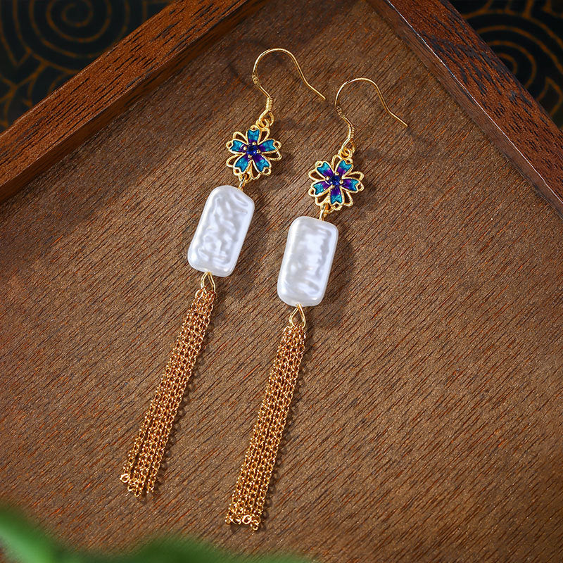 Baroque Alien Imitation Pearl Silver Pin Enamel Gradient Tassel Earrings