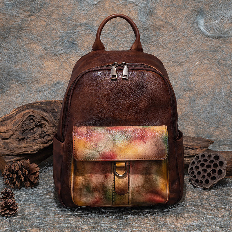 First Layer Cowhide Vegetable Tanned Leather Backpack for Women - Multi-Purpose, Retro Brushed Design