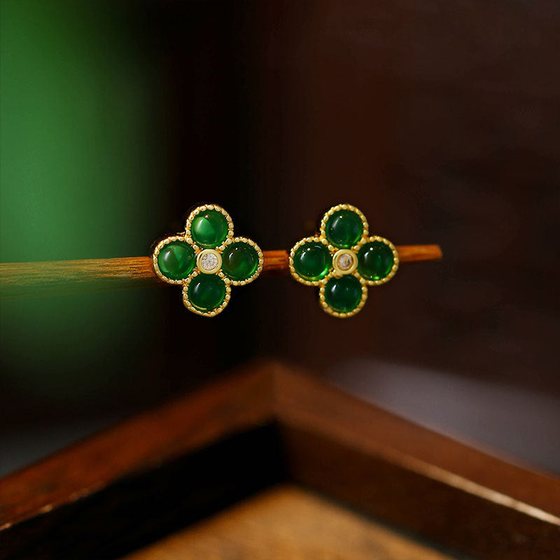 925 Silver Needle Plated Imitation Gold Emerald Four-leaf Clover Round Bead Earrings for Women