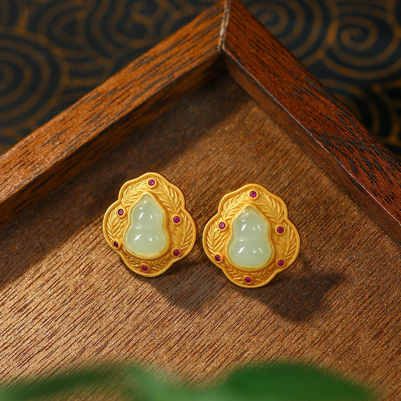 S925 Sterling Silver Gold Plated Imitation Hetian Jade Fulu Gourd Earrings for Women