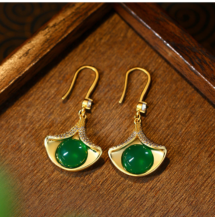 Ayeryuan Sansheng Ginkgo Leaf Green Chalcedony Hanfu Earrings for Women