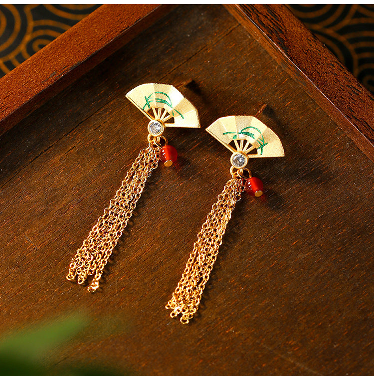 Antique Fan Tassel Ear Stud Earrings, Handmade Palace Ethnic Style