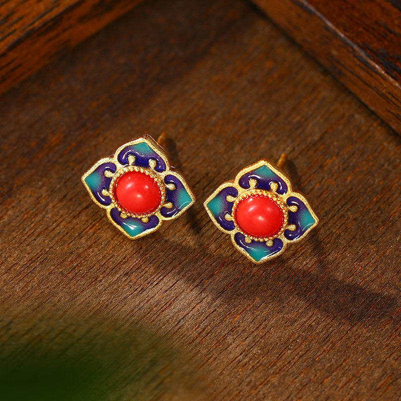 Four Ruyi Imitation South Red S925 Silver Enamel Earrings