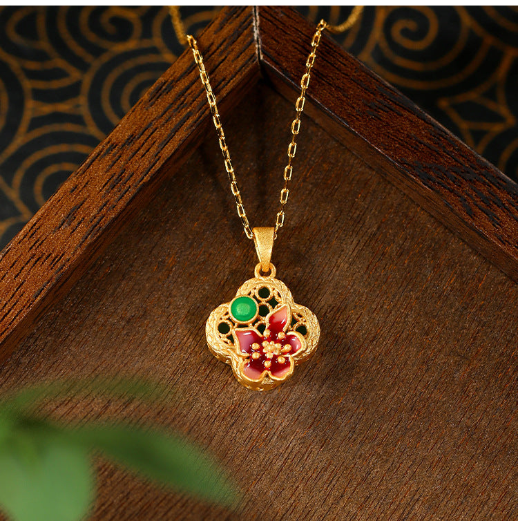 National Fashion Enamel Blossom Imitation Hetian Jade Necklace