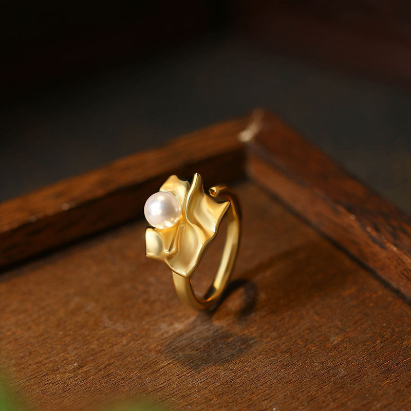 Exaggerated Metal Fold Style Pearl Open Ring for Women, Sweet and Cool