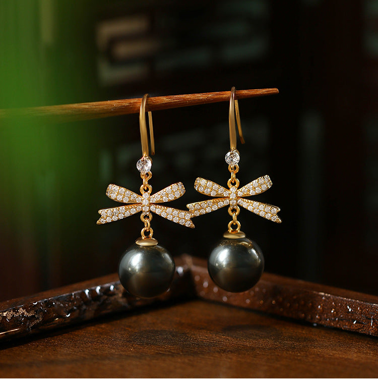 Korean Exquisite Temperament Zircon Bow Pearl Niche Design Fashion Earrings