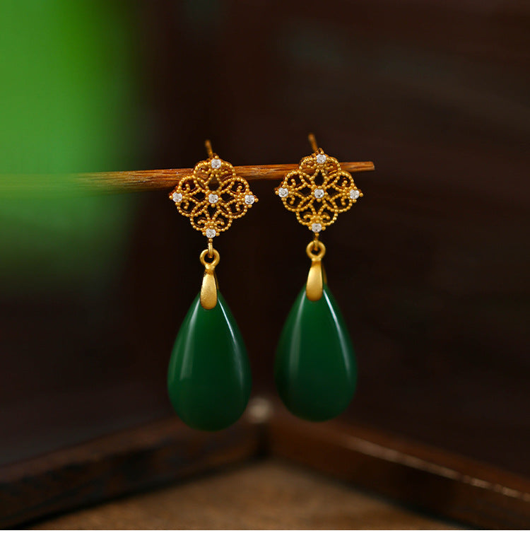Antique Water Drop Imitation Jade Earrings, Ear Hook for Hanfu Cheongsam