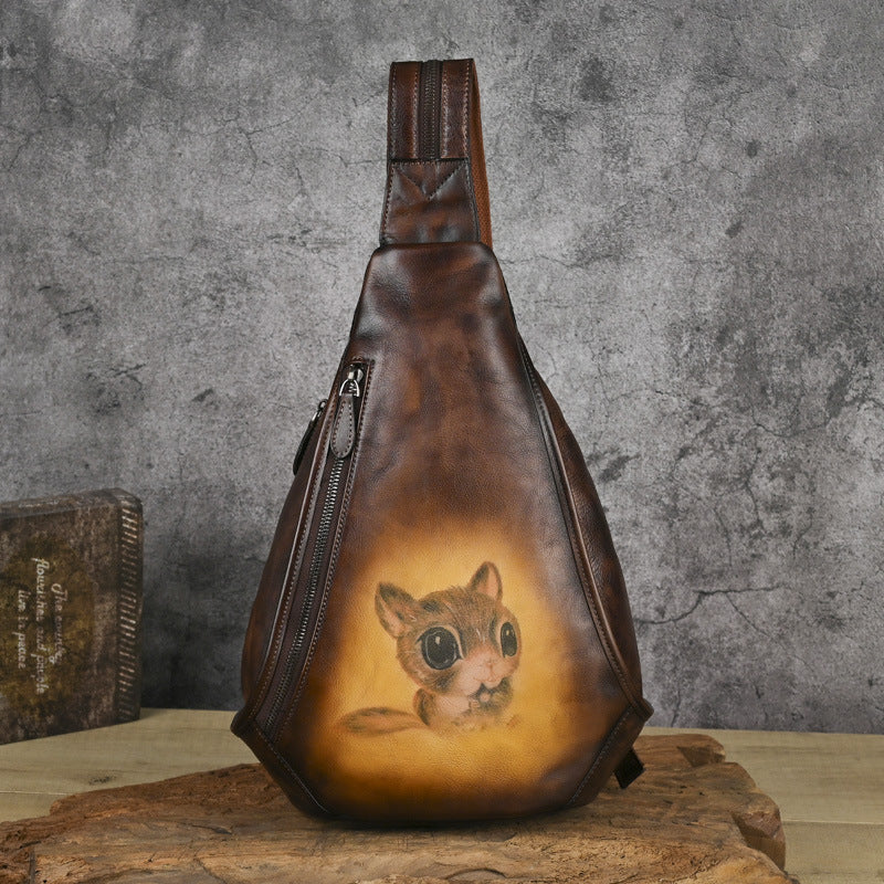 Retro Hand-polished Leather Chest Bag, Shoulder Bag, Three-use Cowhide, Embossed Design