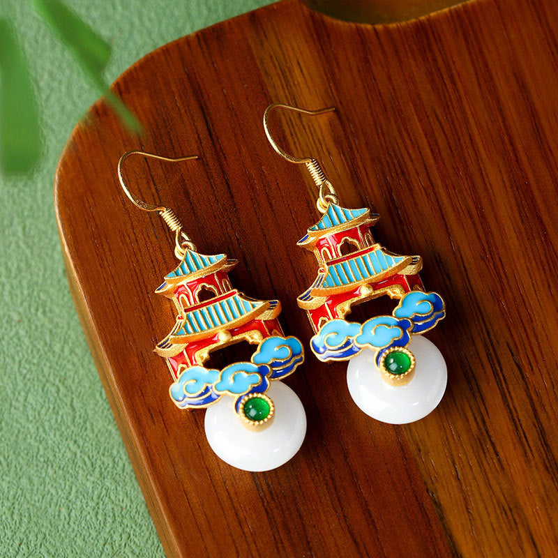 Ancient Style Imitation Jade Earrings with Copper Plated Gold Enamel Painting