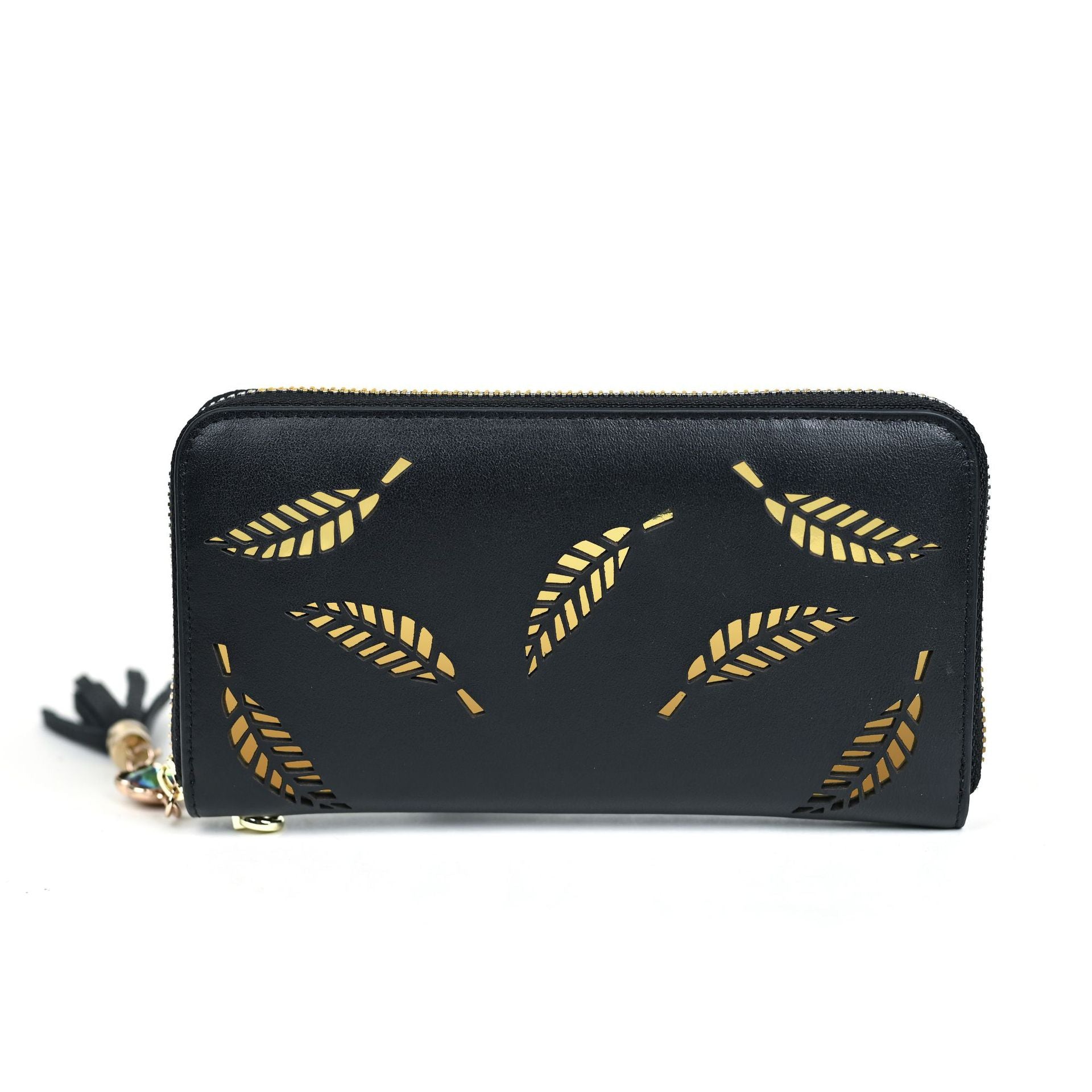 Leather Wallet with Laser Hollow Leaf Metal Design, Handmade