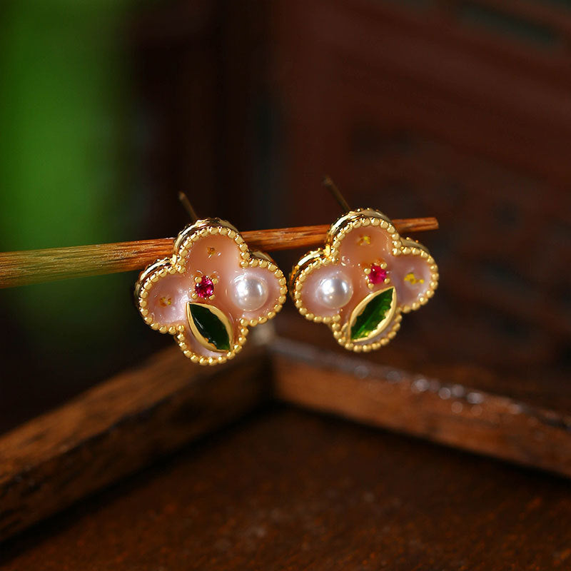 Real gold plating enamel drop glaze four-leaf clover earrings for women